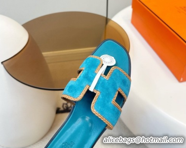 Top Design Hermes Oran Classic Flat Slides Sandal in Suede with Braided Trim Turq Blue 0304090 2026