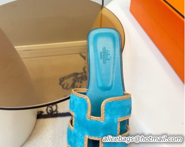 Top Design Hermes Oran Classic Flat Slides Sandal in Suede with Braided Trim Turq Blue 0304090 2026