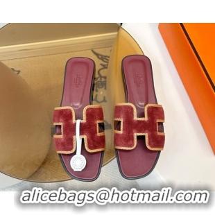 Most Popular Hermes Oran Classic Flat Slides Sandal in Suede with Braided Trim Burgundy 0304091 2026