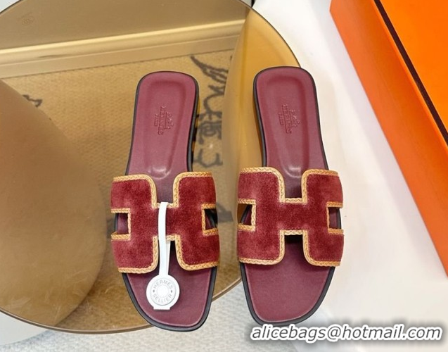 Most Popular Hermes Oran Classic Flat Slides Sandal in Suede with Braided Trim Burgundy 0304091 2026