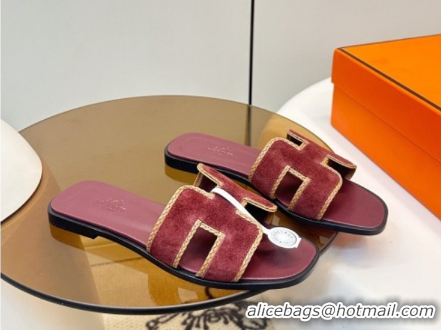 Most Popular Hermes Oran Classic Flat Slides Sandal in Suede with Braided Trim Burgundy 0304091 2026