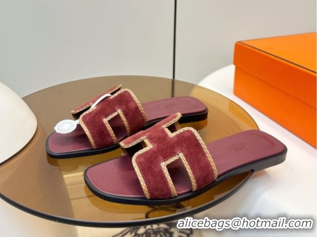 Most Popular Hermes Oran Classic Flat Slides Sandal in Suede with Braided Trim Burgundy 0304091 2026