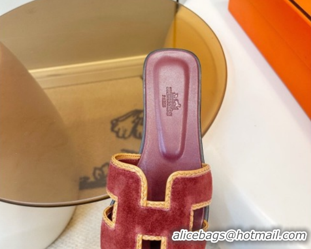 Most Popular Hermes Oran Classic Flat Slides Sandal in Suede with Braided Trim Burgundy 0304091 2026