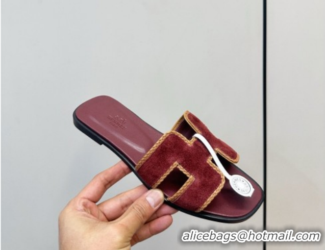 Most Popular Hermes Oran Classic Flat Slides Sandal in Suede with Braided Trim Burgundy 0304091 2026