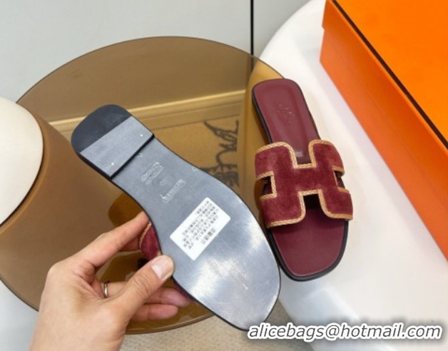 Most Popular Hermes Oran Classic Flat Slides Sandal in Suede with Braided Trim Burgundy 0304091 2026