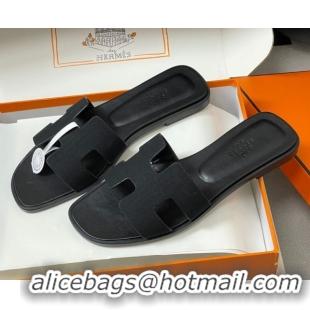 Pretty Style Hermes Oran Classic Flat Slides Sandal in Jacquard Fabric Black 0304092 2026