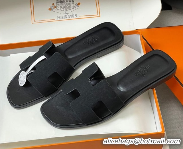 Pretty Style Hermes Oran Classic Flat Slides Sandal in Jacquard Fabric Black 0304092 2026