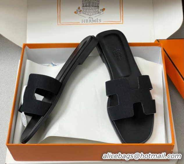 Pretty Style Hermes Oran Classic Flat Slides Sandal in Jacquard Fabric Black 0304092 2026