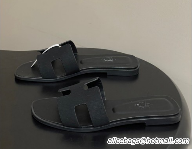 Pretty Style Hermes Oran Classic Flat Slides Sandal in Jacquard Fabric Black 0304092 2026
