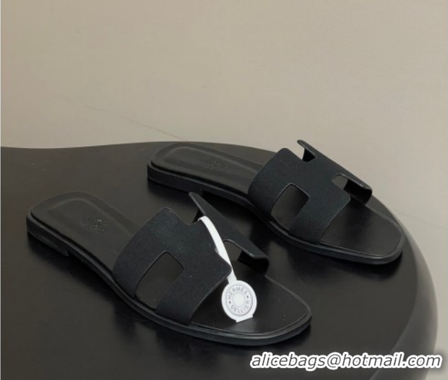 Pretty Style Hermes Oran Classic Flat Slides Sandal in Jacquard Fabric Black 0304092 2026