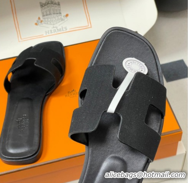 Pretty Style Hermes Oran Classic Flat Slides Sandal in Jacquard Fabric Black 0304092 2026