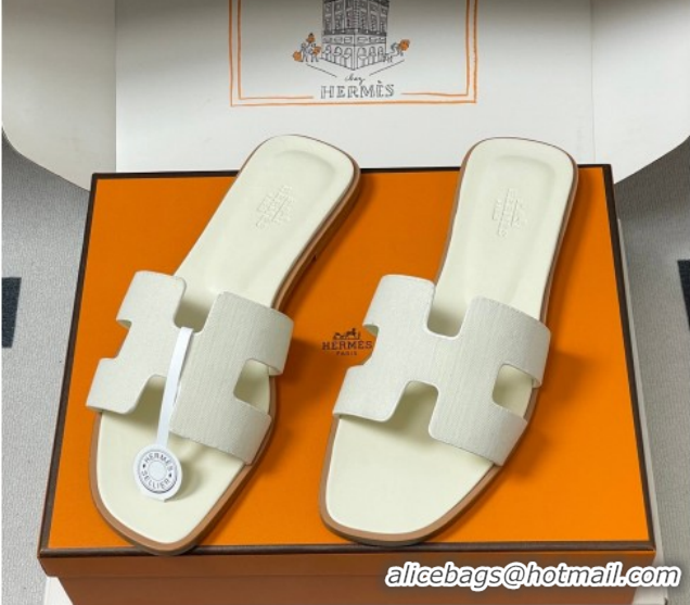 Popular Style Hermes Oran Classic Flat Slides Sandal in Jacquard Fabric White 0304093 2026