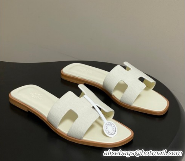 Popular Style Hermes Oran Classic Flat Slides Sandal in Jacquard Fabric White 0304093 2026