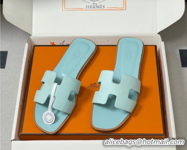 Best Grade Hermes Oran Classic Flat Slides Sandal in Jacquard Fabric Light Green 0304097 2026
