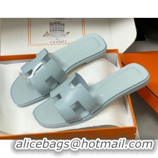 Hot Style Hermes Oran Classic Flat Slides Sandal in Smooth Leather Blue 0304100 2026