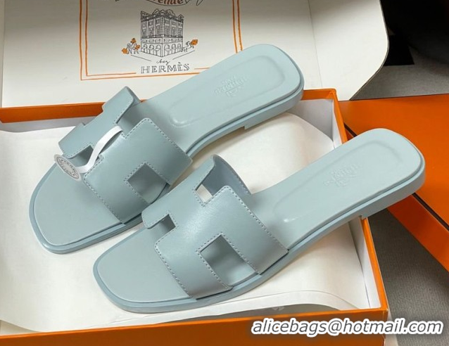 Hot Style Hermes Oran Classic Flat Slides Sandal in Smooth Leather Blue 0304100 2026