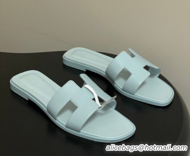 Hot Style Hermes Oran Classic Flat Slides Sandal in Smooth Leather Blue 0304100 2026