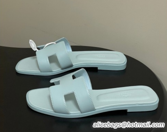 Hot Style Hermes Oran Classic Flat Slides Sandal in Smooth Leather Blue 0304100 2026