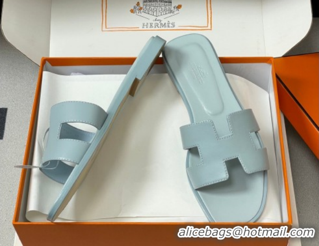 Hot Style Hermes Oran Classic Flat Slides Sandal in Smooth Leather Blue 0304100 2026