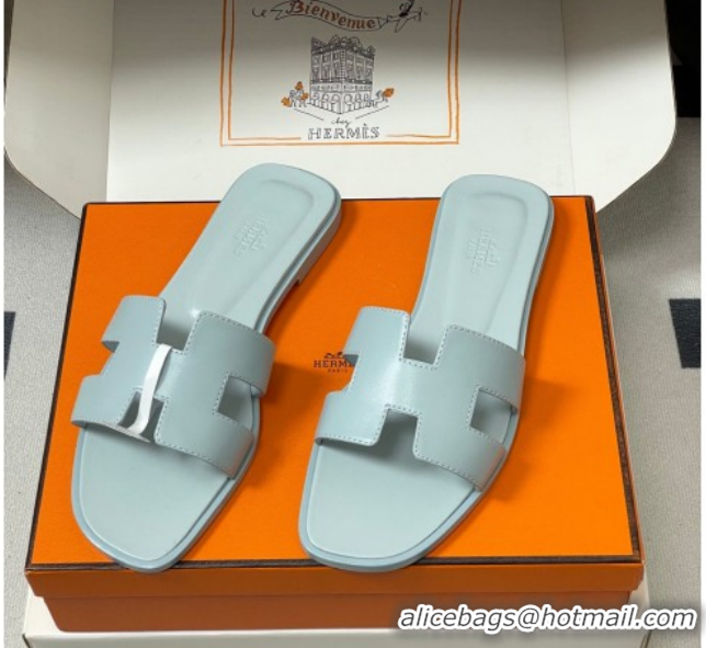 Hot Style Hermes Oran Classic Flat Slides Sandal in Smooth Leather Blue 0304100 2026