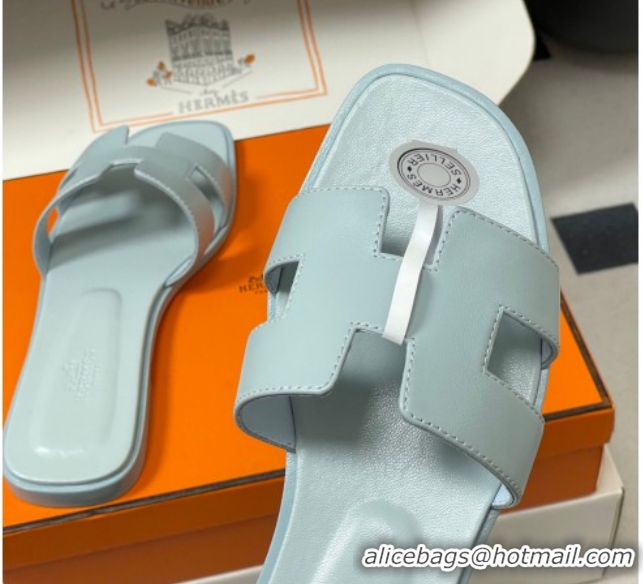 Hot Style Hermes Oran Classic Flat Slides Sandal in Smooth Leather Blue 0304100 2026