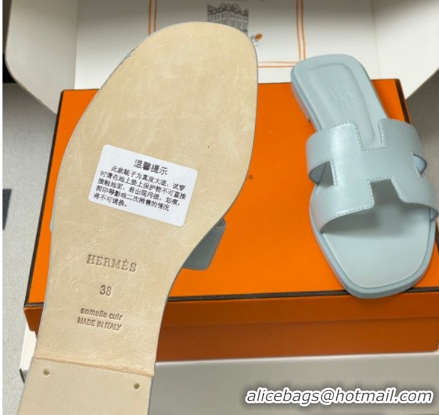 Hot Style Hermes Oran Classic Flat Slides Sandal in Smooth Leather Blue 0304100 2026