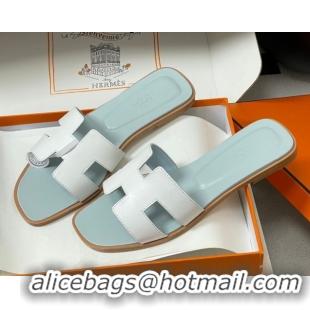 Stylish Hermes Oran Classic Flat Slides Sandal in Smooth Leather White 0304104 2026