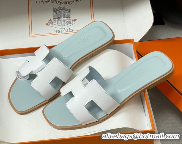 Stylish Hermes Oran Classic Flat Slides Sandal in Smooth Leather White 0304104 2026