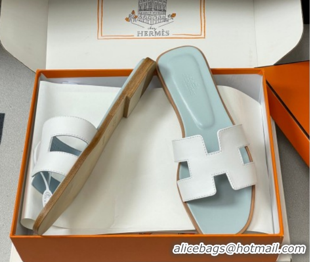 Stylish Hermes Oran Classic Flat Slides Sandal in Smooth Leather White 0304104 2026
