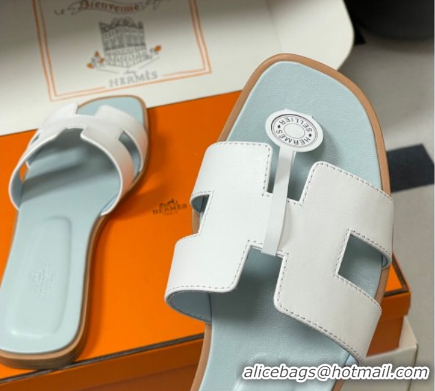 Stylish Hermes Oran Classic Flat Slides Sandal in Smooth Leather White 0304104 2026