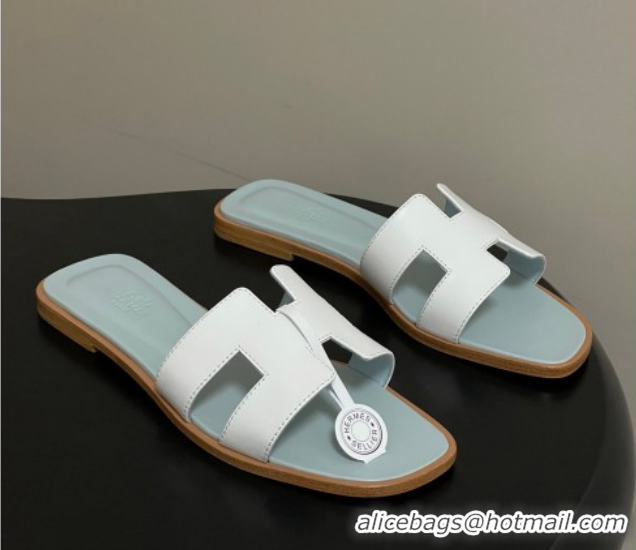 Stylish Hermes Oran Classic Flat Slides Sandal in Smooth Leather White 0304104 2026