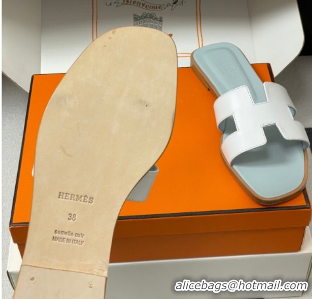 Stylish Hermes Oran Classic Flat Slides Sandal in Smooth Leather White 0304104 2026