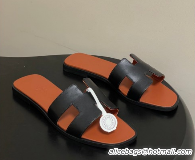 Sophisticated Hermes Oran Classic Flat Slides Sandal in Smooth Leather Black 0304106 2026