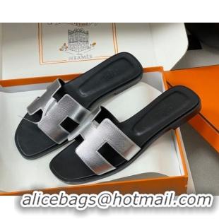 Good Quality Hermes Oran Classic Flat Slides Sandal in Grained Leather Silver 0304108 2026