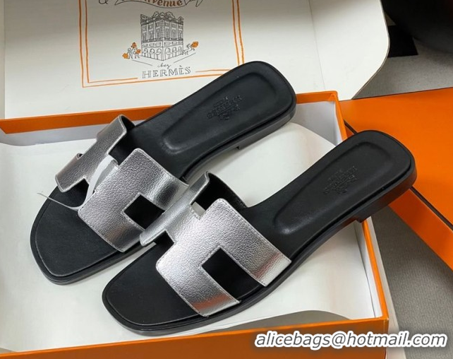 Good Quality Hermes Oran Classic Flat Slides Sandal in Grained Leather Silver 0304108 2026