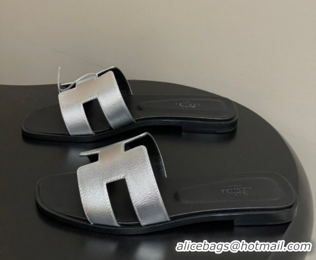 Good Quality Hermes Oran Classic Flat Slides Sandal in Grained Leather Silver 0304108 2026