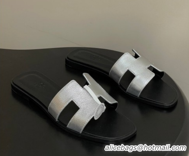 Good Quality Hermes Oran Classic Flat Slides Sandal in Grained Leather Silver 0304108 2026