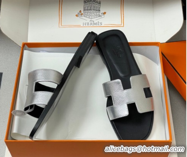 Good Quality Hermes Oran Classic Flat Slides Sandal in Grained Leather Silver 0304108 2026