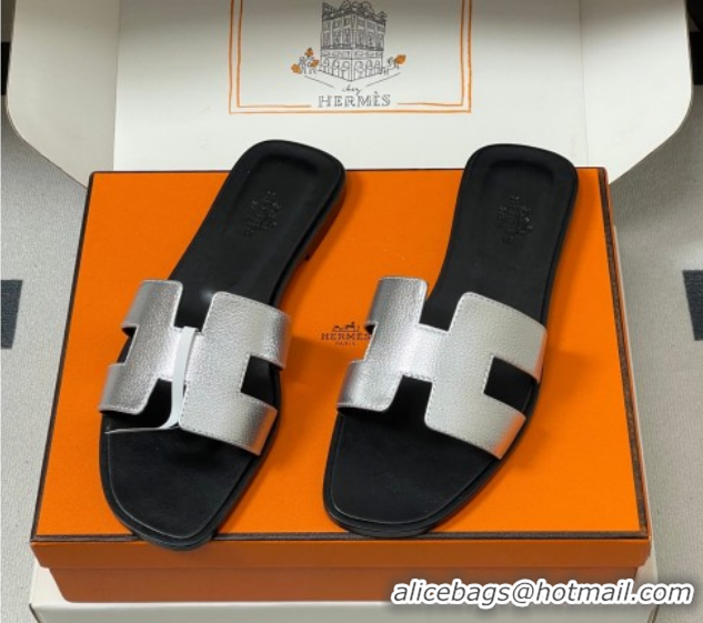 Good Quality Hermes Oran Classic Flat Slides Sandal in Grained Leather Silver 0304108 2026