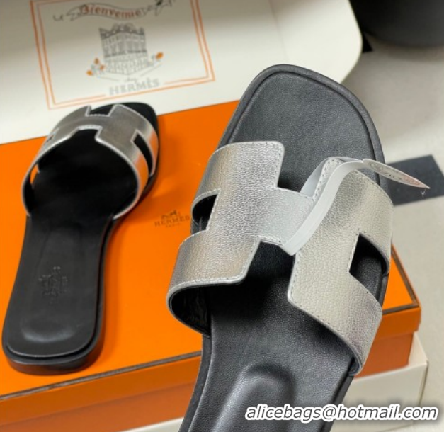 Good Quality Hermes Oran Classic Flat Slides Sandal in Grained Leather Silver 0304108 2026