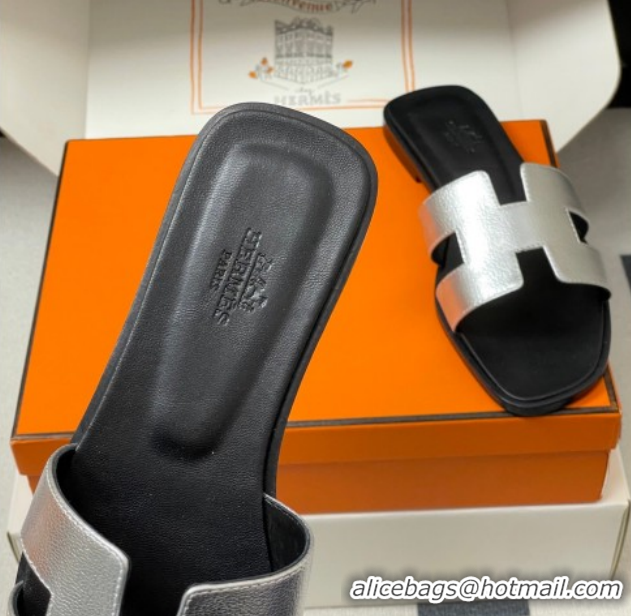 Good Quality Hermes Oran Classic Flat Slides Sandal in Grained Leather Silver 0304108 2026