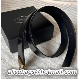 Top Grade Prada Men's Shiny Leather Belt 3.5cm with Tiangle Buckle 0315 Black/Gold 2025