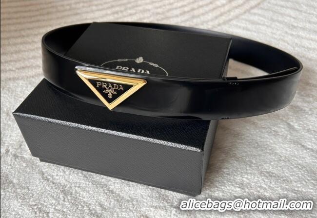 Top Grade Prada Men's Shiny Leather Belt 3.5cm with Tiangle Buckle 0315 Black/Gold 2025