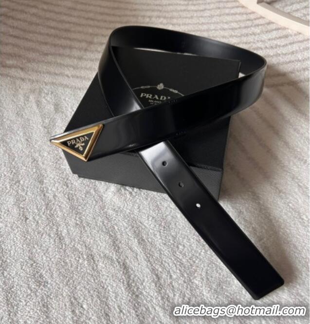 Top Grade Prada Men's Shiny Leather Belt 3.5cm with Tiangle Buckle 0315 Black/Gold 2025