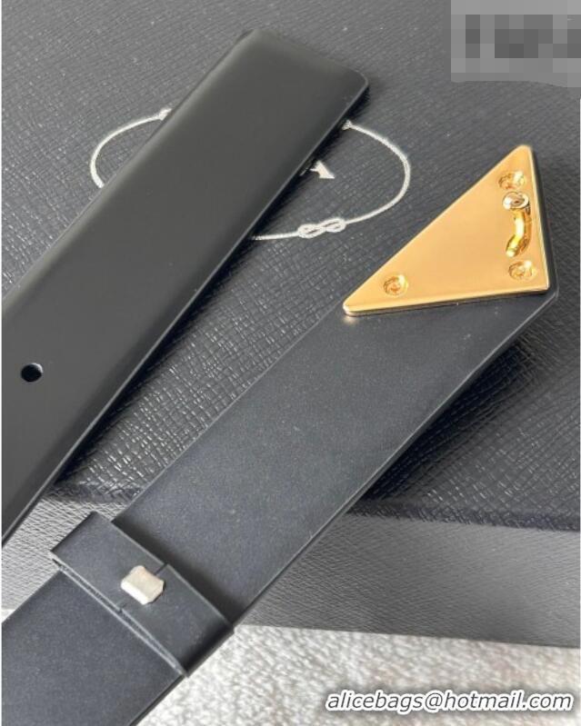 Top Grade Prada Men's Shiny Leather Belt 3.5cm with Tiangle Buckle 0315 Black/Gold 2025