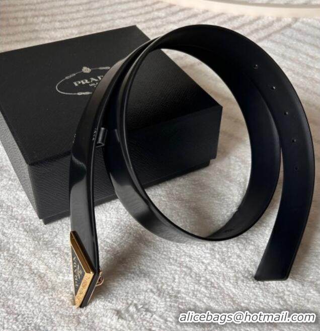 Top Grade Prada Men's Shiny Leather Belt 3.5cm with Tiangle Buckle 0315 Black/Gold 2025