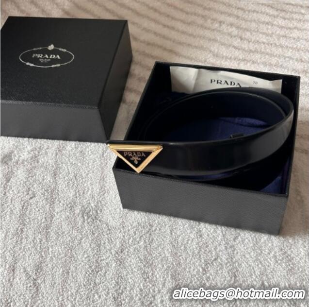 Top Grade Prada Men's Shiny Leather Belt 3.5cm with Tiangle Buckle 0315 Black/Gold 2025