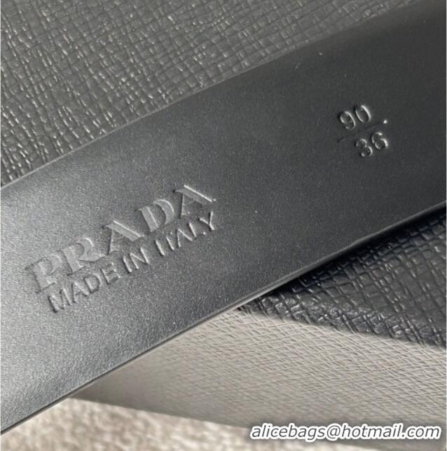 Top Grade Prada Men's Shiny Leather Belt 3.5cm with Tiangle Buckle 0315 Black/Gold 2025