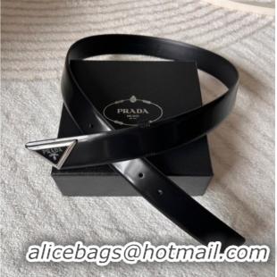 Famous Brand Prada Men's Shiny Leather Belt 3.5cm with Tiangle Buckle 0315 Black/Silver 2025