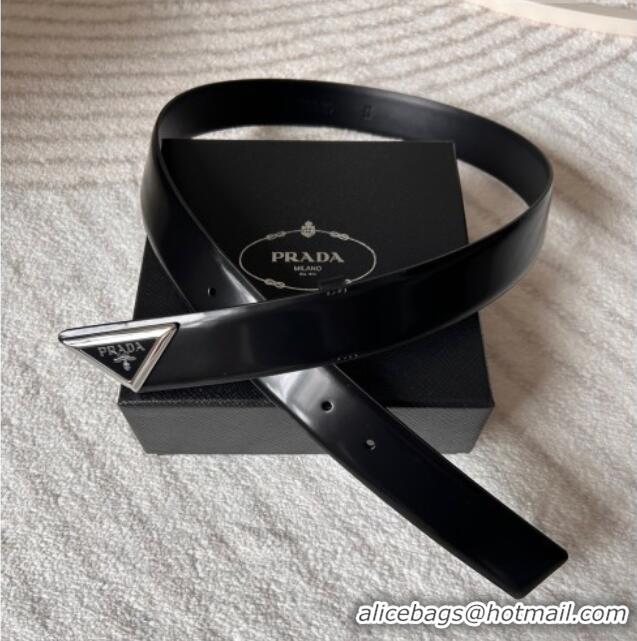 Famous Brand Prada Men's Shiny Leather Belt 3.5cm with Tiangle Buckle 0315 Black/Silver 2025